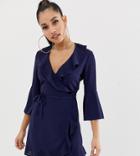 Outrageous Fortune Petite Ruffle Wrap Dress With Fluted Sleeve In Navy
