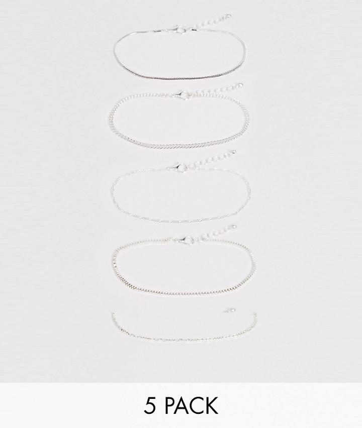 Asos Design Skinny Mixed Chain Bracelet Pack In Silver - Silver