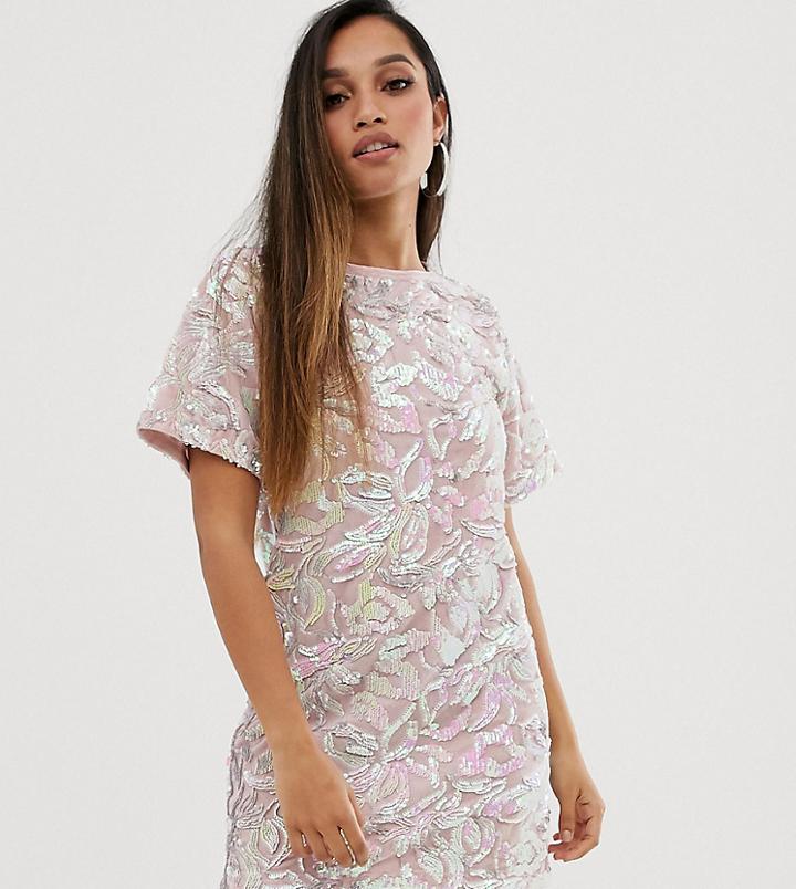 Flounce London Petite Velvet Iridescent Sequin T Shirt Dress In Pink-multi
