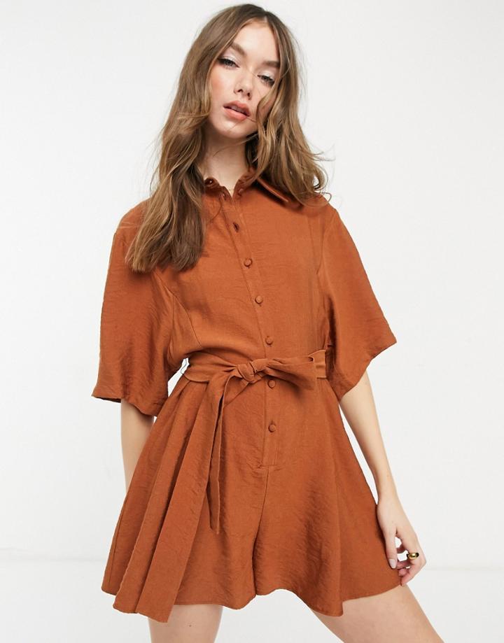 Asos Design Collar Button Front Romper In Rust-brown