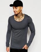 Asos Extreme Muscle Long Sleeve T-shirt With Raw Edge And Scoop Neck In Washed Black - Washed Black