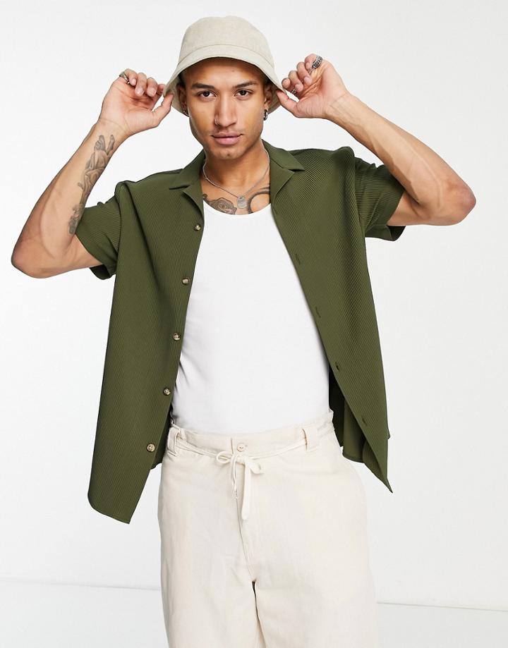 Asos Design Relaxed Camp Collar Ribbed Shirt In Khaki-green