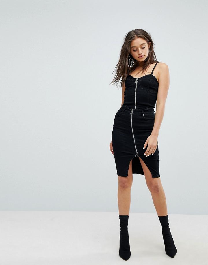 Liquor N Poker Denim Midi Skirt With Exposed Zip - Black