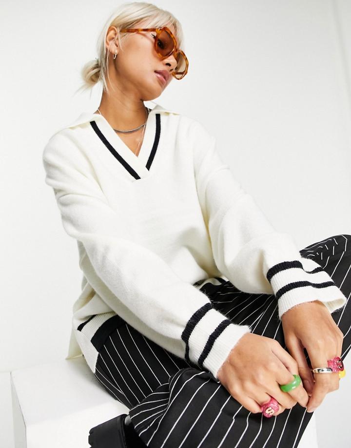 Urban Revivo Collared Knitted Sweater With Tipping In White