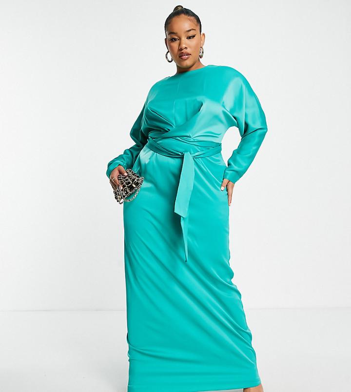Asos Design Curve Satin Maxi Dress With Batwing Sleeves And Wrap Waist In Green