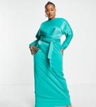 Asos Design Curve Satin Maxi Dress With Batwing Sleeves And Wrap Waist In Green