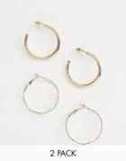 Asos Design Pack Of 2 Hoop Earrings In Tube And Wavey Design In Gold - Gold
