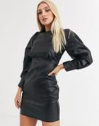 Asos Design Leather Look Gathered Shoulder Mini Dress
