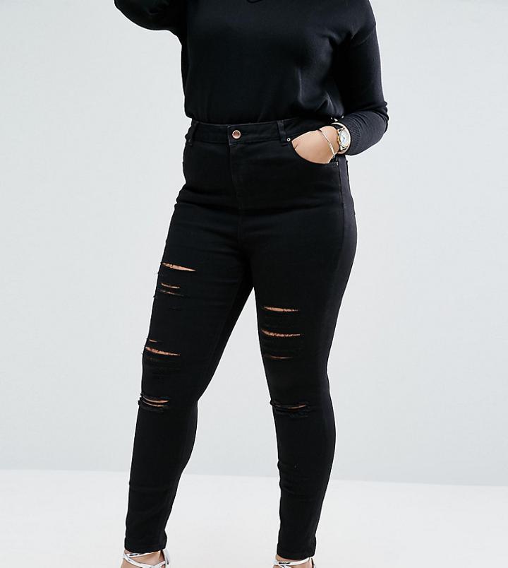 Asos Curve Ridley Skinny Ankle Grazer Jeans In Clean Black With Shredded Rips - Black