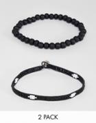 Asos Design 2 Pack Geo-tribal Style Beaded Bracelet Pack - Black