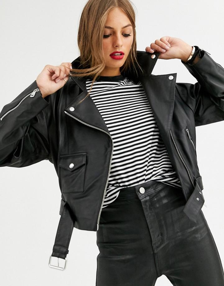 Lab Leather Dropped Shoulder Biker Jacket-black