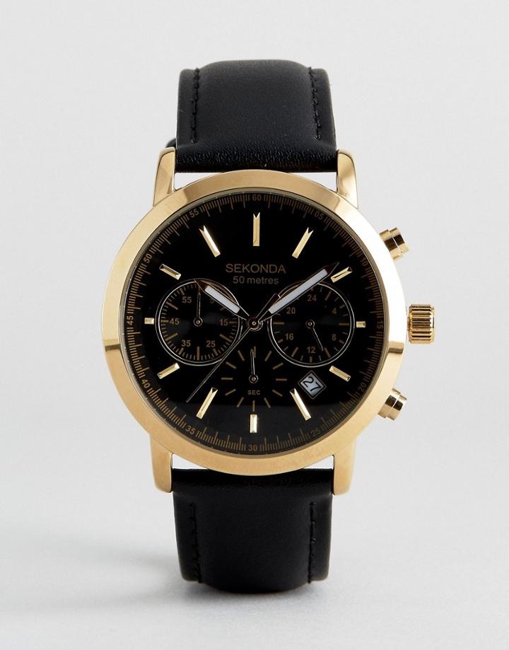 Sekonda Leather Black Chronograph Watch In Gold Exclusive To Asos - Black