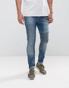 Asos Super Skinny Jeans In Vintage Dark Wash Blue Mixed Biker - Blue