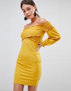 Parisian Off Shoulder Dress With Ruching Detail - Yellow