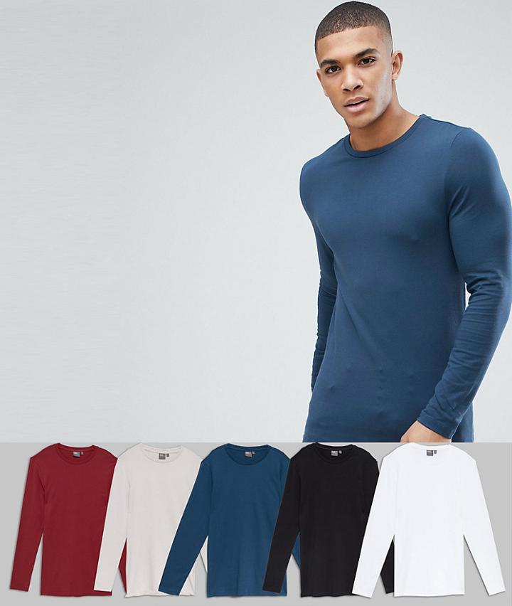 Asos 5 Pack Muscle Fit Long Sleeve Crew Neck T-shirt Save - Multi