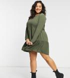 Asos Design Curve Long Sleeve Tiered Smock Mini Dress In Khaki-green