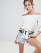 Pull & Bear Off Shoulder Tie Front Top In White - White
