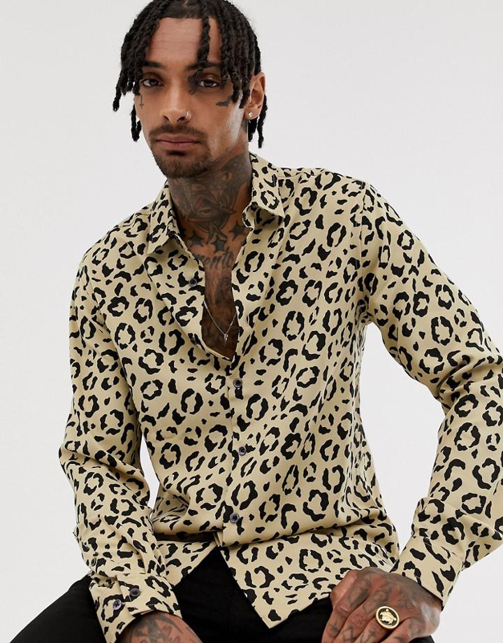 Asos Design Regular Fit Animal Print Shirt - Brown