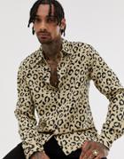 Asos Design Regular Fit Animal Print Shirt - Brown