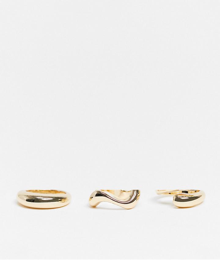 Asos Design Pack Of 3 Rings With Mixed Minimal Designs In Gold Tone