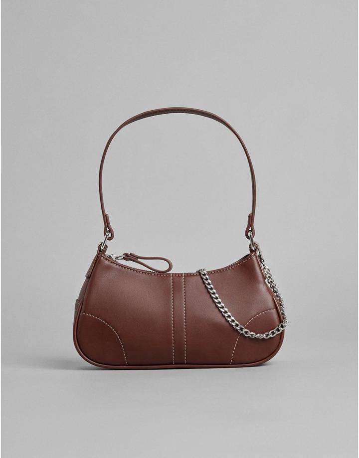 Bershka 90s Shoulder Bag With Chain Detail In Chocolate Brown