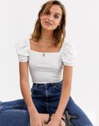River Island Puff Sleeve Ribbed T-shirt In White