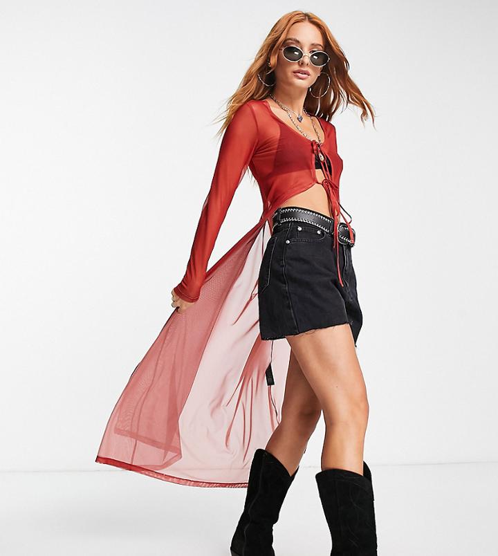 Reclaimed Vintage Inspired Long Line Mesh Tie Front Top In Orange