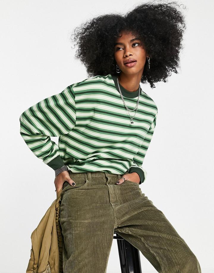 Topshop Stripe Long Sleeve Tee In Green
