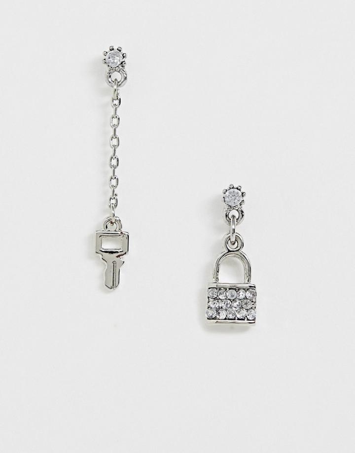 Asos Design Earrings In Key And Padlock Design In Silver Tone - Silver