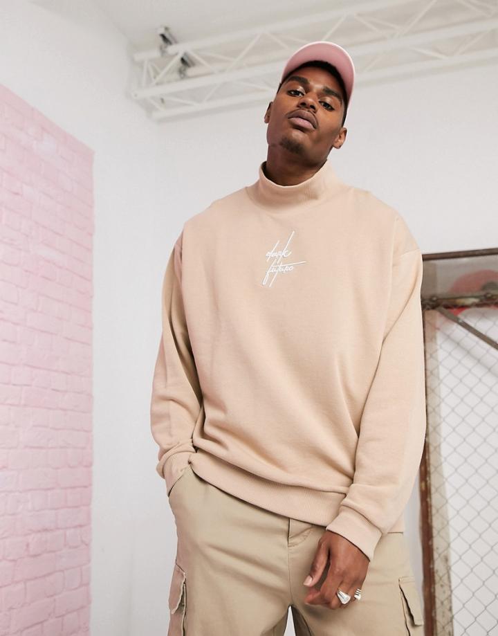 Asos Design Oversized Funnel Neck Sweatshirt In Beige With Embroidered Dark Future Logo - Beige