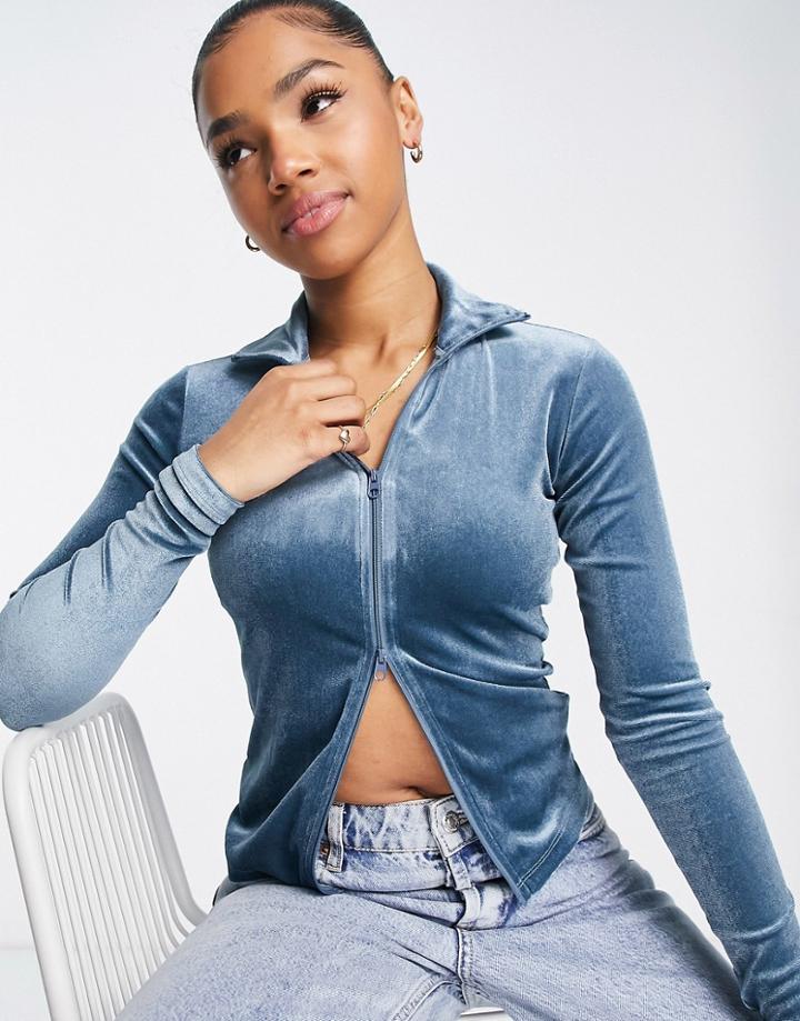 Monki Velvet Zip Up High Neck Top In Dark Blue