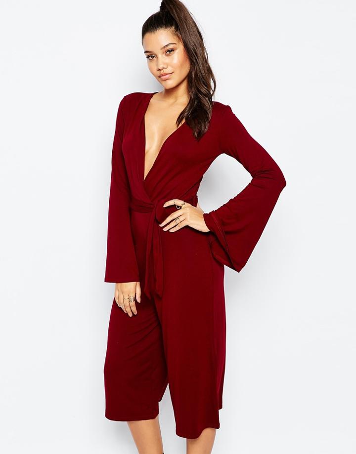 Missguided Tie Waist Culotte Jumpsuit - Burgundy