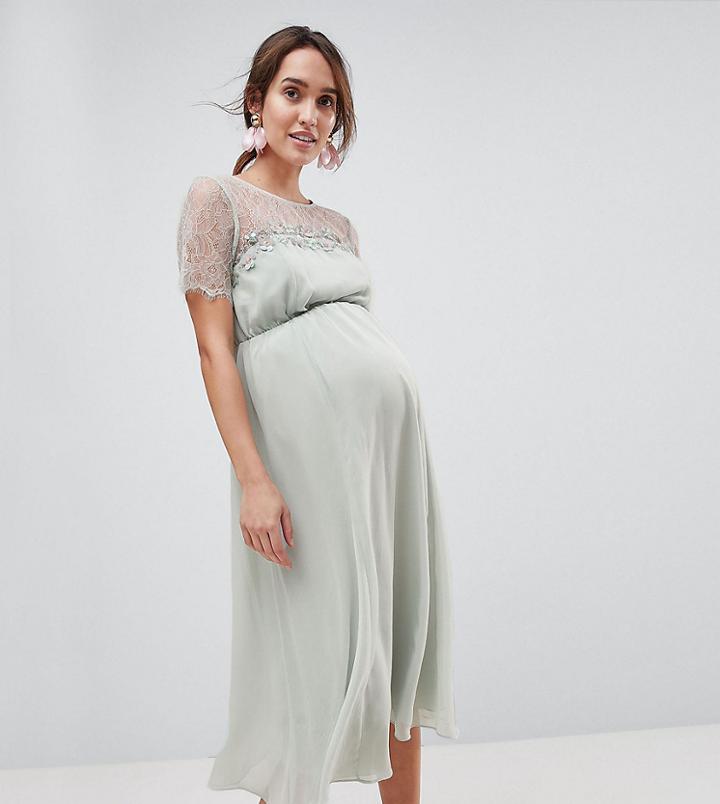 Asos Maternity Lace Insert Midi Dress With Floral Embellished Trim - Green