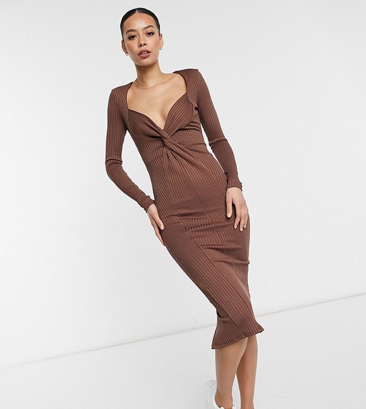 Asos Design Tall Rib Twist Plunge Midi Dress In Brown