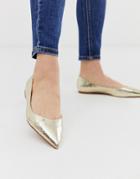 Asos Design Latch Pointed Ballet Flats In Gold Snake - Gold
