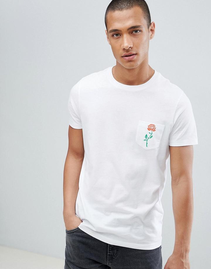 Asos Design T-shirt With Rose Print Pocket - White