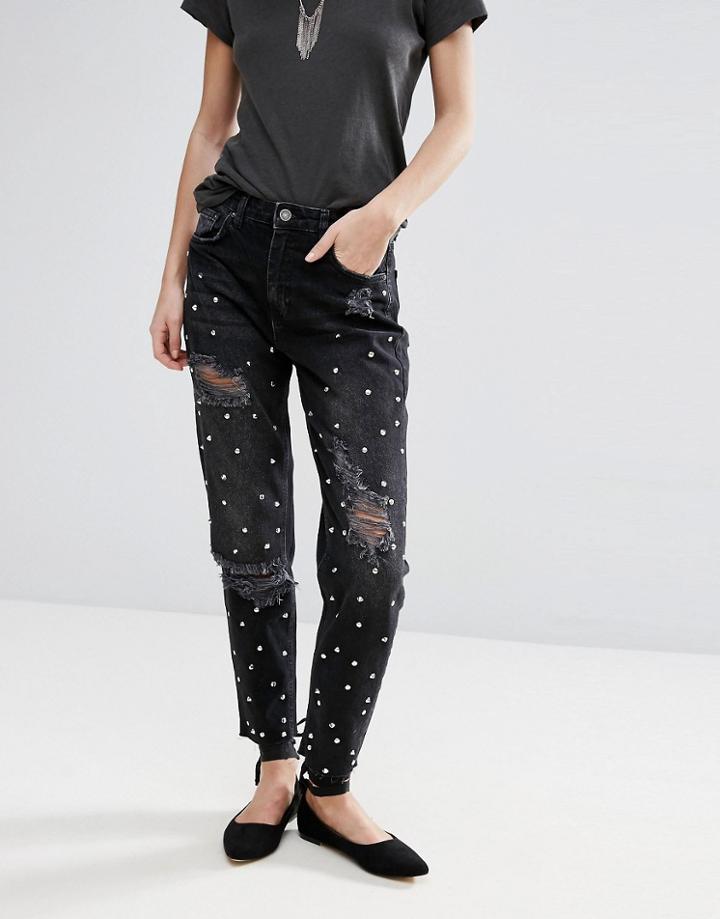 Pull & Bear Stud Detail Mom Jean - Black