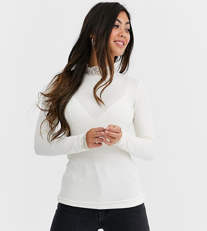 Y.a.s Petite High Neck Lace Rib Top-cream