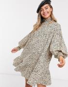 Asos Design High-neck Shirred Cuff Mini Smock Dress In Mini Animal Print-multi