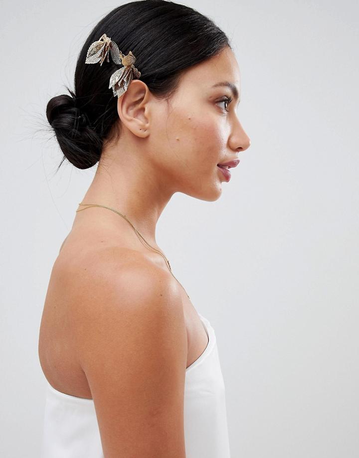 Asos Design Hair Comb Clip With Leaf Detail In Gold - Gold