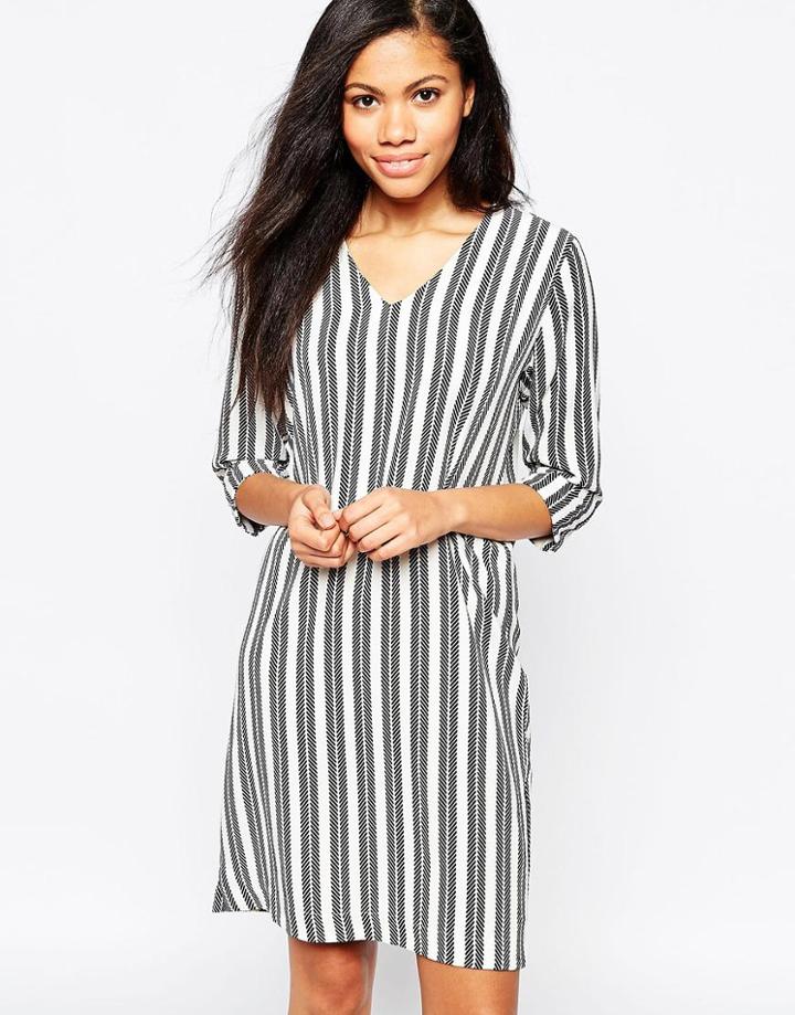 B.young Structured Striped Dress With V Neck - Off White