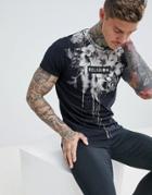 Religion Muscle Fit T-shirt In Black With Floral Neck Print - Black