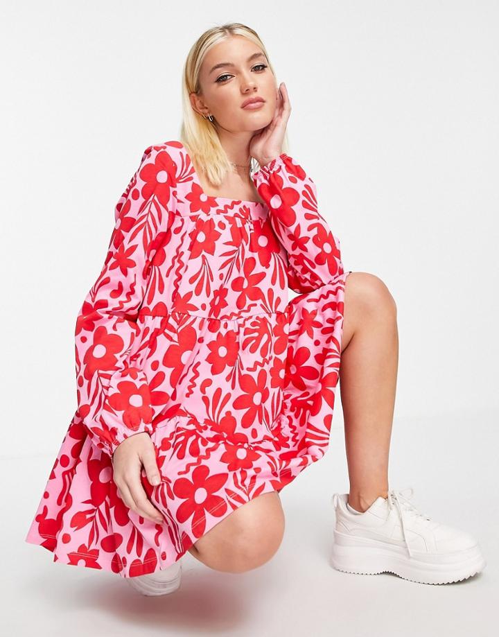 Asos Design Tiered Square Neck Smock Mini Dress In Red And Pink Floral-multi
