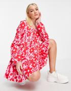 Asos Design Tiered Square Neck Smock Mini Dress In Red And Pink Floral-multi