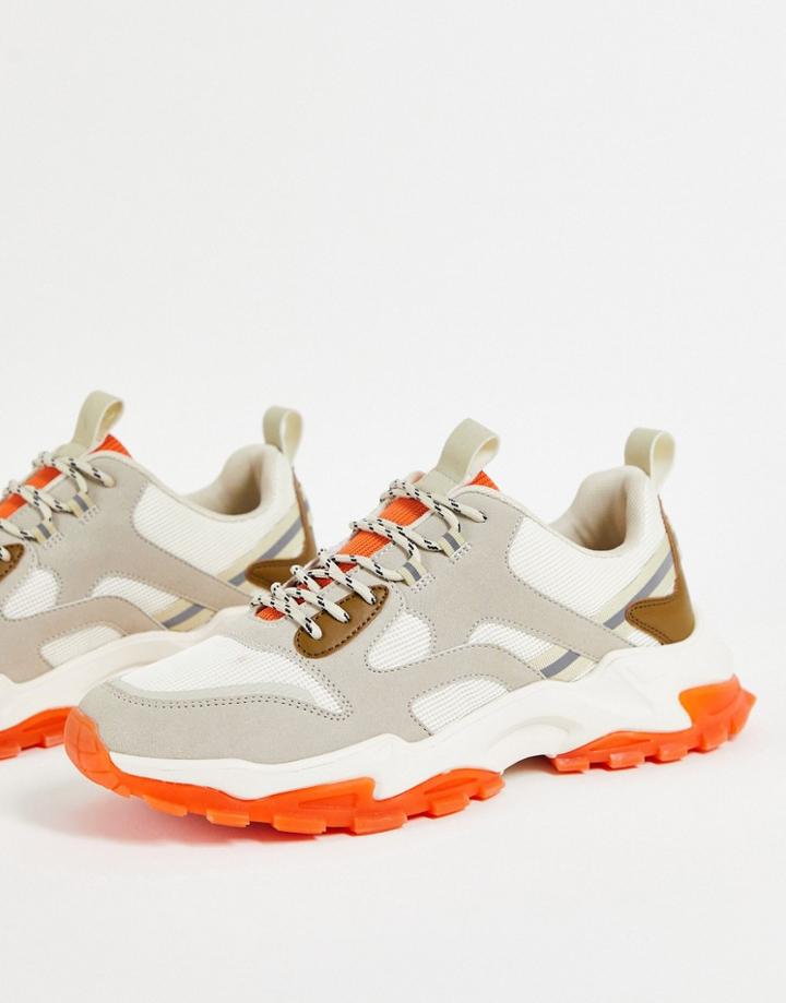 Asos Design Chunky Sneakers In Beige With Tech Detail And Orange Sole-neutral
