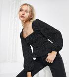 Pull & Bear Square Neck Shirred Blouse In Polka Dot-black