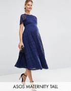 Asos Maternity Tall Midi Lace Dress With Flutter Sleeve - Blue
