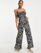 Miss Selfridge Strappy Shirred Jumpsuit In Multicolor Cluster Floral-black