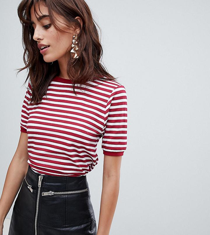 Boohoo Stripe T-shirt With Contrast Collar - Red
