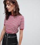 Boohoo Stripe T-shirt With Contrast Collar - Red